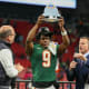 Dec 16, 2023; Atlanta, GA, USA; Florida A&M Rattlers running back Kelvin Dean (9) holds up the offensive MVP trophy after a victory against the Howard Bison in the Celebration Bowl at Mercedes-Benz Stadium.